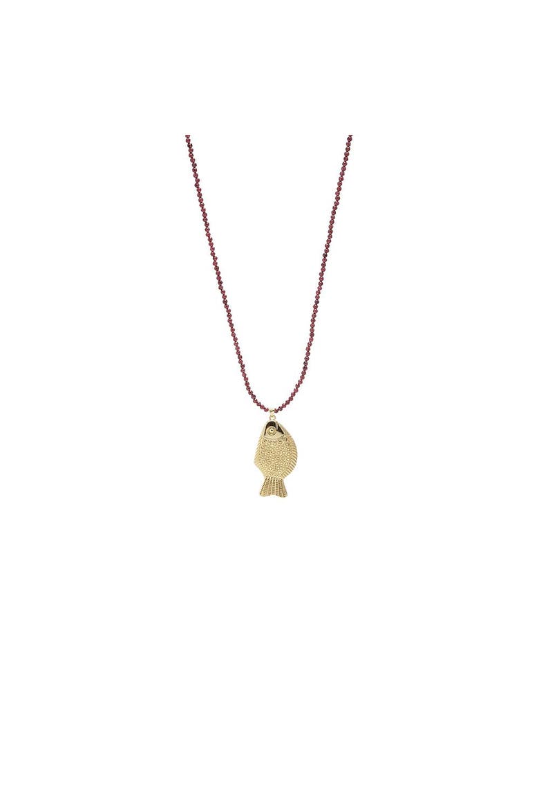 Dainty Gold Fish Burgundy Beaded Charm Necklace, Main, color, Gold