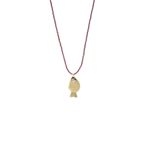 Dainty Gold Fish Burgundy Beaded Charm Necklace