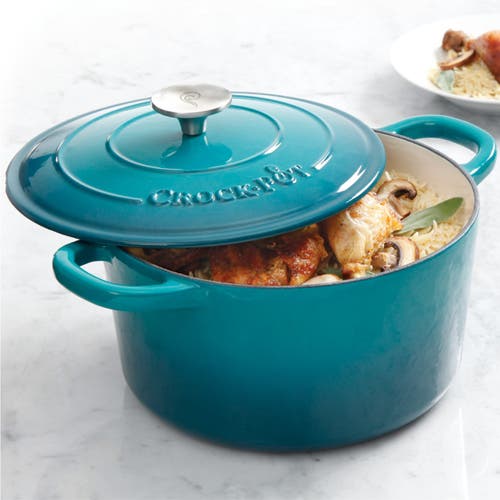 Crock-pot Artisan 5 Quart Round Enameled Cast Iron Dutch Oven In Teal Ombre In Blue