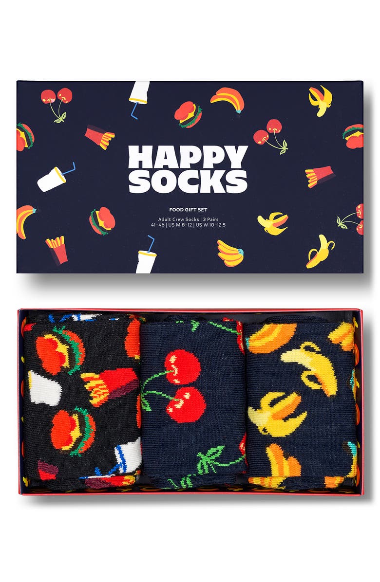 Happy Socks Assorted 3-Pack Food Crew Socks Gift Box, Main, color, Navy