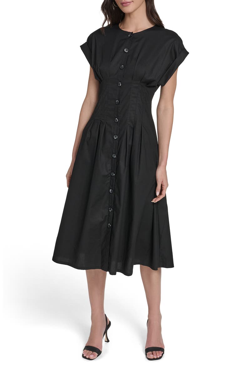 Pintuck Fit and Flare Shirtdress, Main, color, BLACK