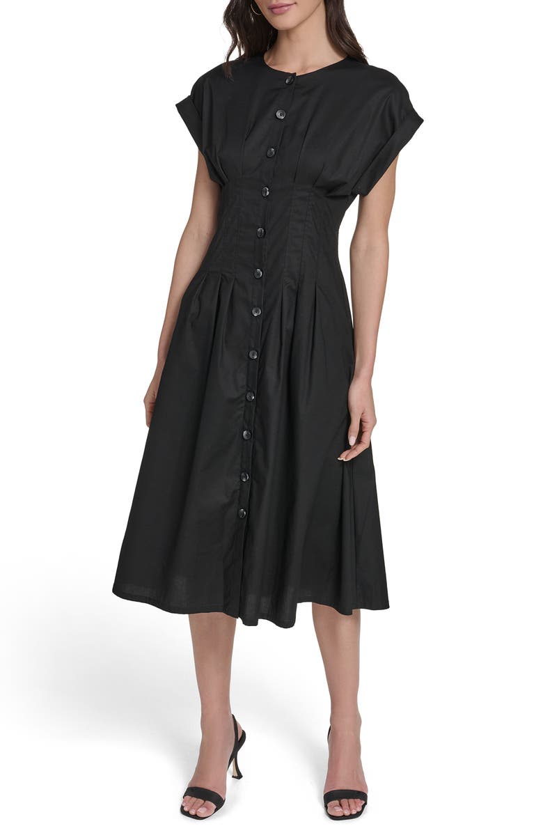 Calvin Klein Pintuck Fit and Flare Shirtdress, Main, color, Black