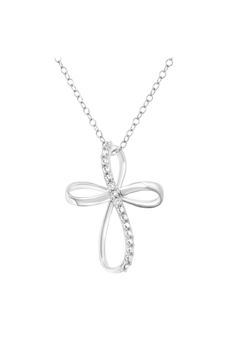 .925 Sterling Silver Diamond Accent Cross Ribbon 18" Pendant Necklace, Main, color, White