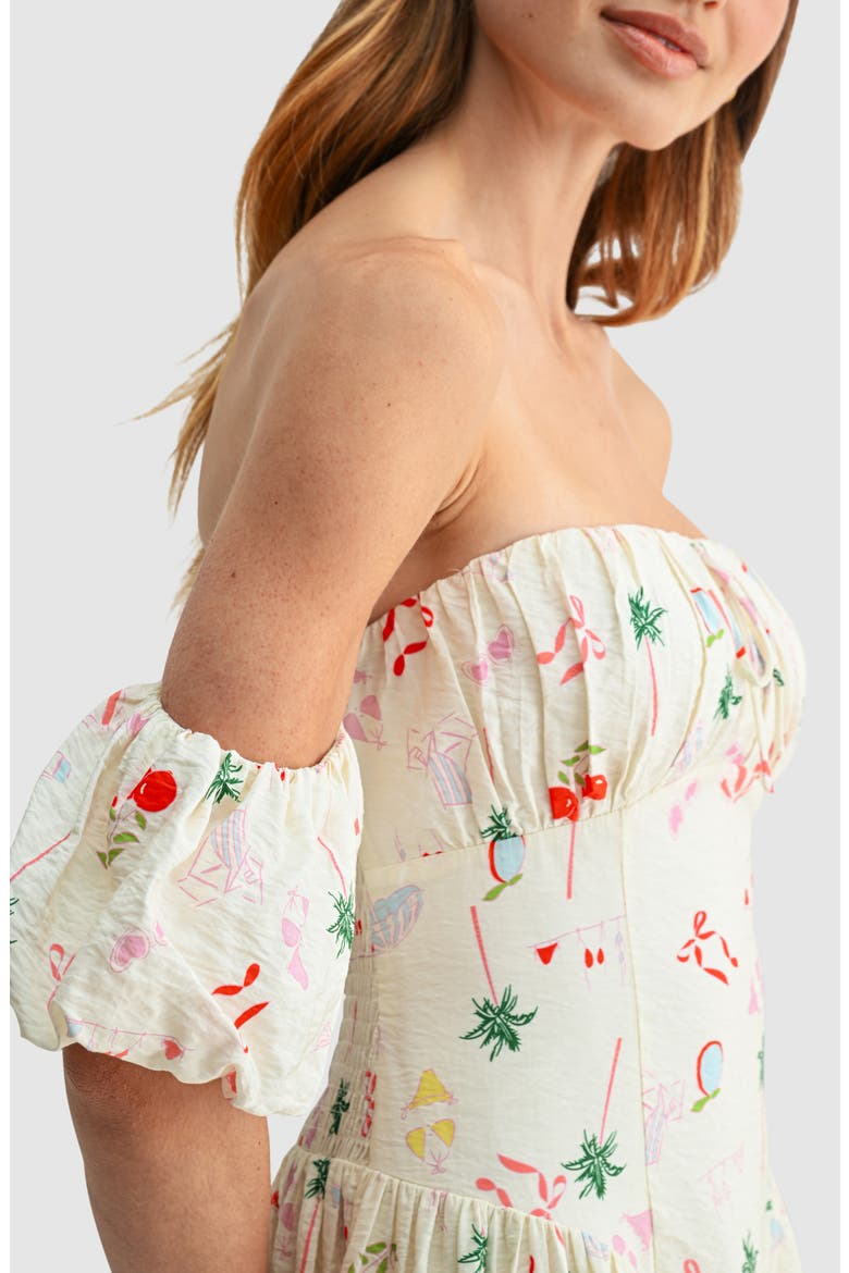 Shirred Print Off the Shoulder Dress, Alternate, color, BEACH CONVERSATIONAL