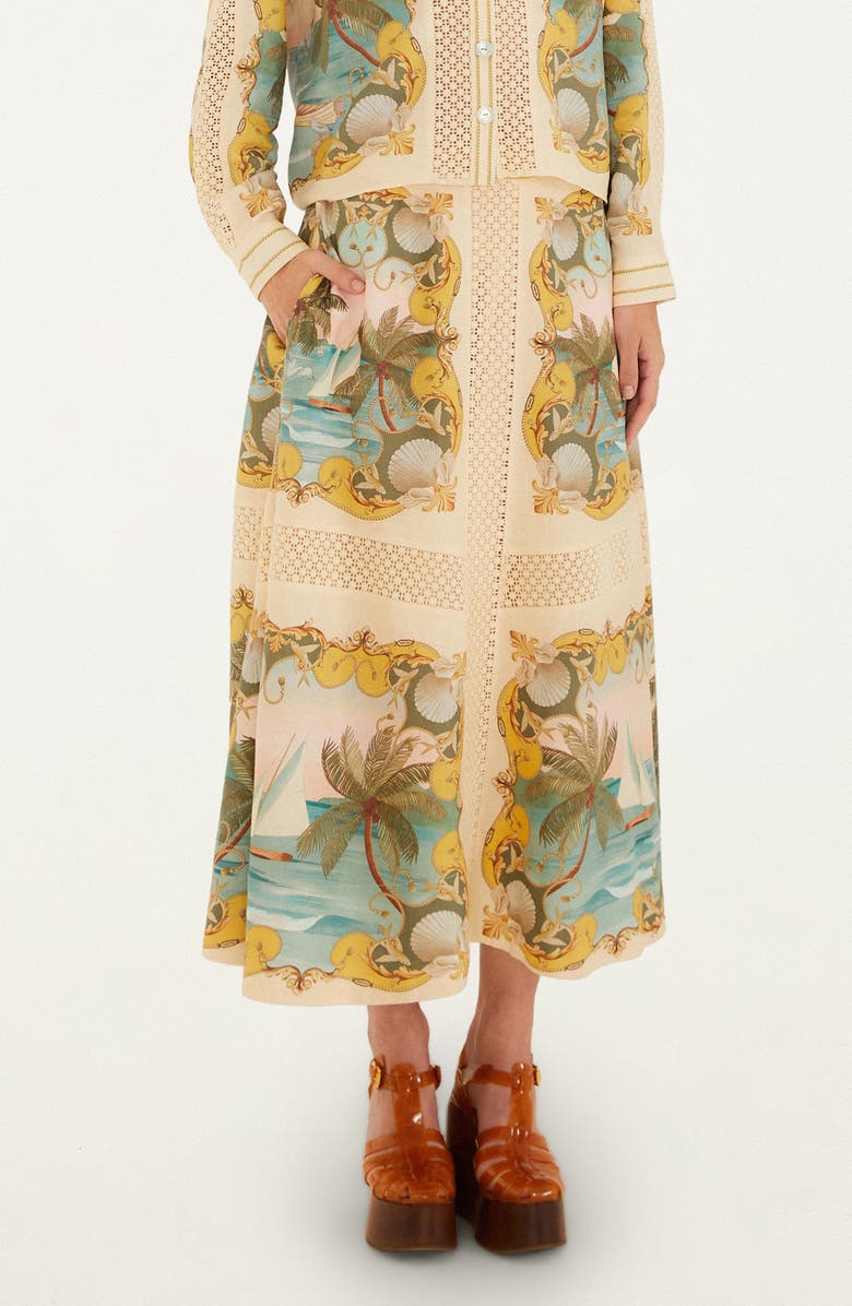 FARM Rio Royal Sea Crochet Trim Midi Skirt, Main, color, Royal Sea Multicolor