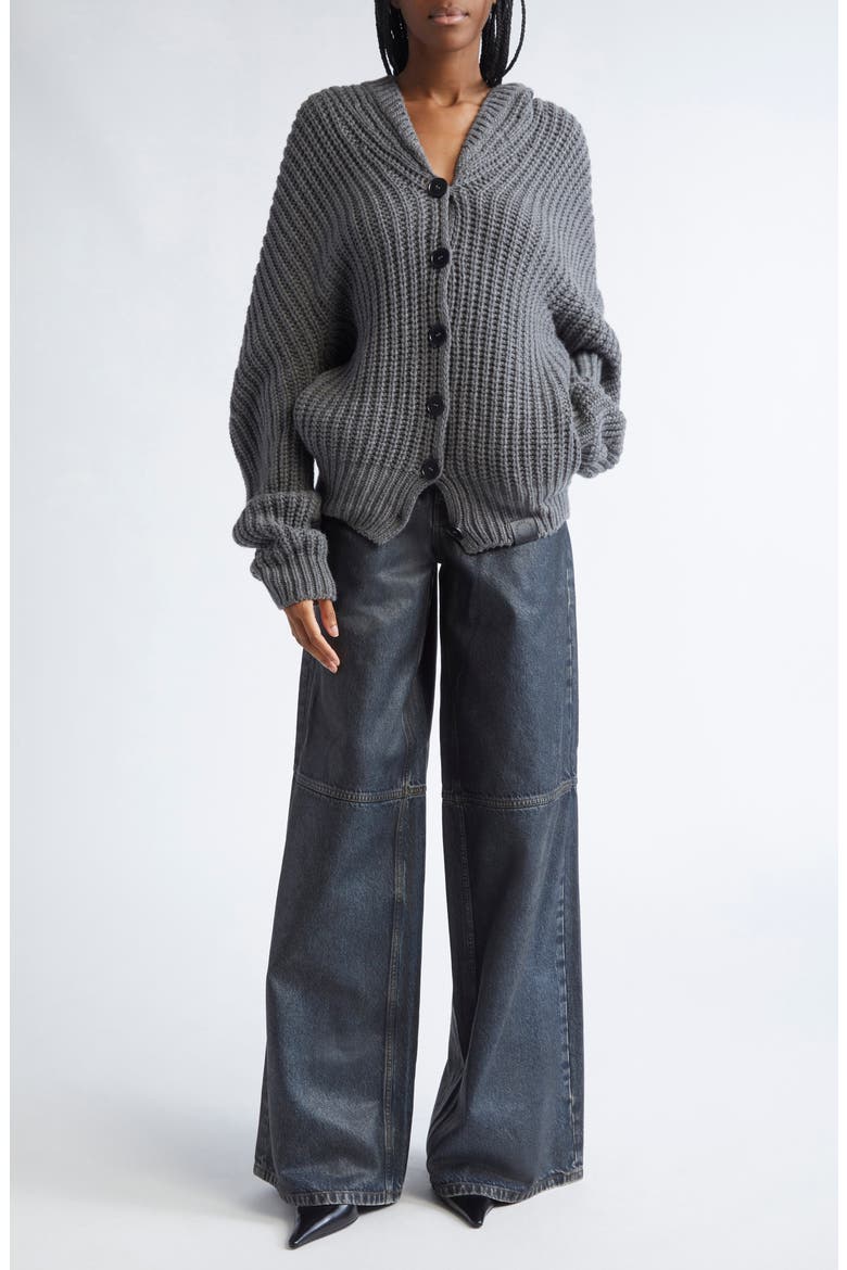 Hooded Oversize Recycled Cashmere & Virgin Wool Rib Cardigan, Alternate, color, DARK GREY MELANGE