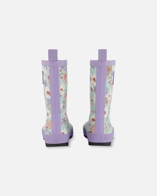 Deux Par Deux Girl's Printed Rain Boots Small White Flowers On Turquoise And Lilac In White Flowers On Turquoise