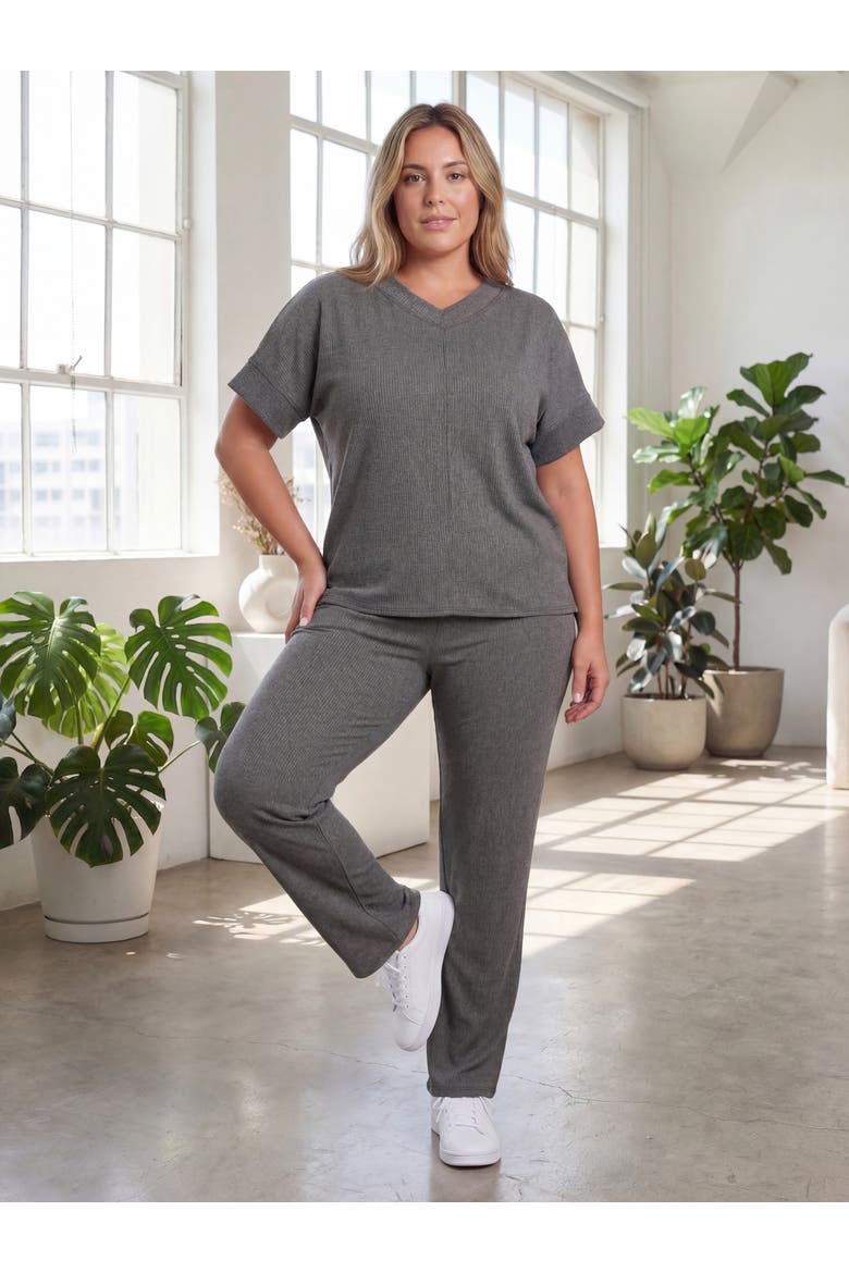 Curvy Basic Ribbed Knit Dolman Sleeve V-Neck Top and Drawstring Wide Leg Pant Set, Alternate, color, Smoke