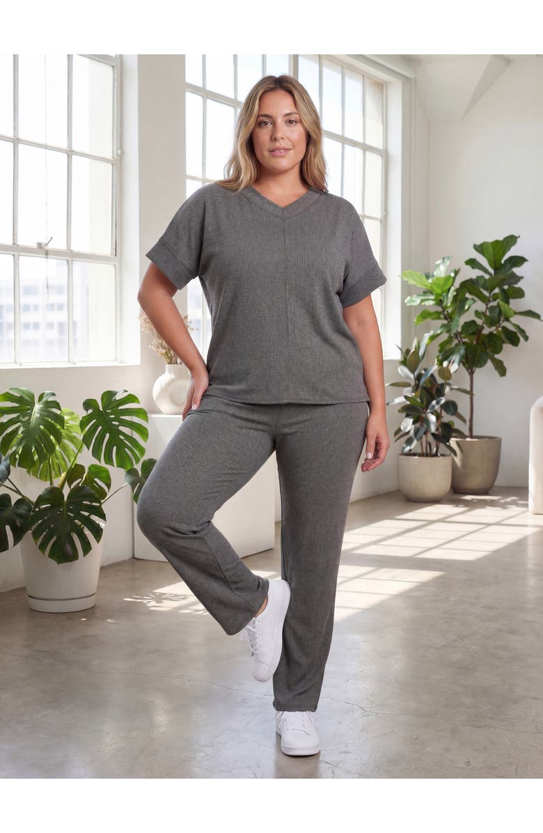 24seven Comfort Apparel Curvy Basic Ribbed Knit Dolman Sleeve V-Neck Top and Drawstring Wide Leg Pant Set, Alternate, color, Black