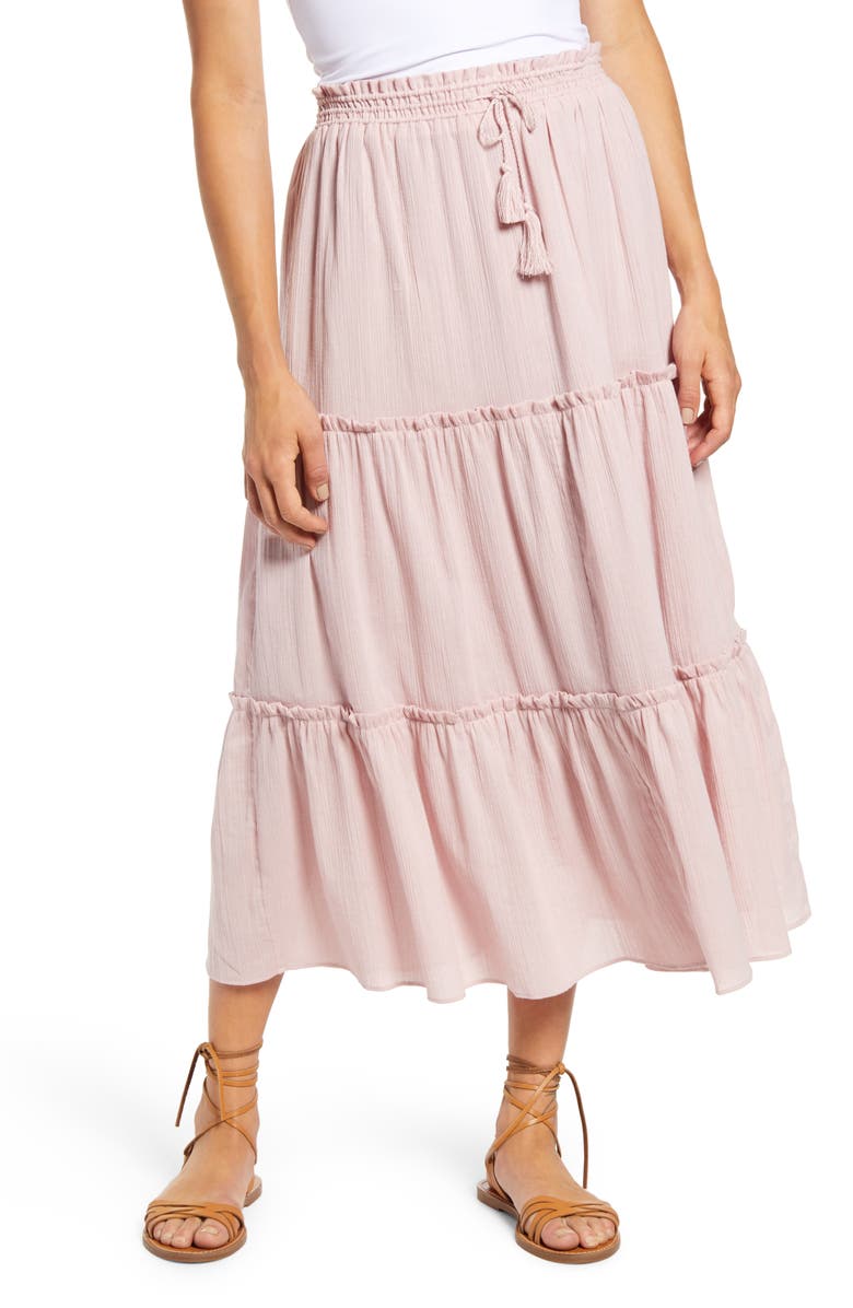 Madewell Drawstring Tiered Maxi Skirt, Main, color,