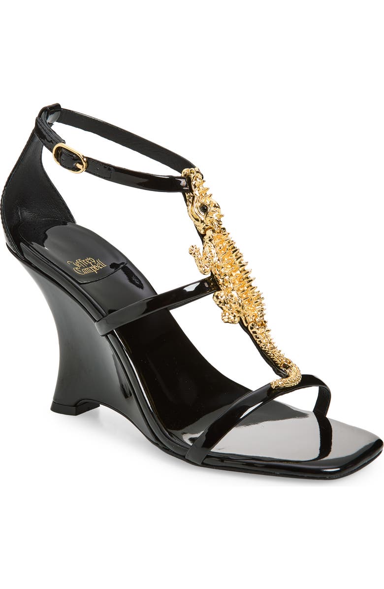 Jeffrey Campbell Swamped Wedge Sandal, Main, color, Black Patent Gold