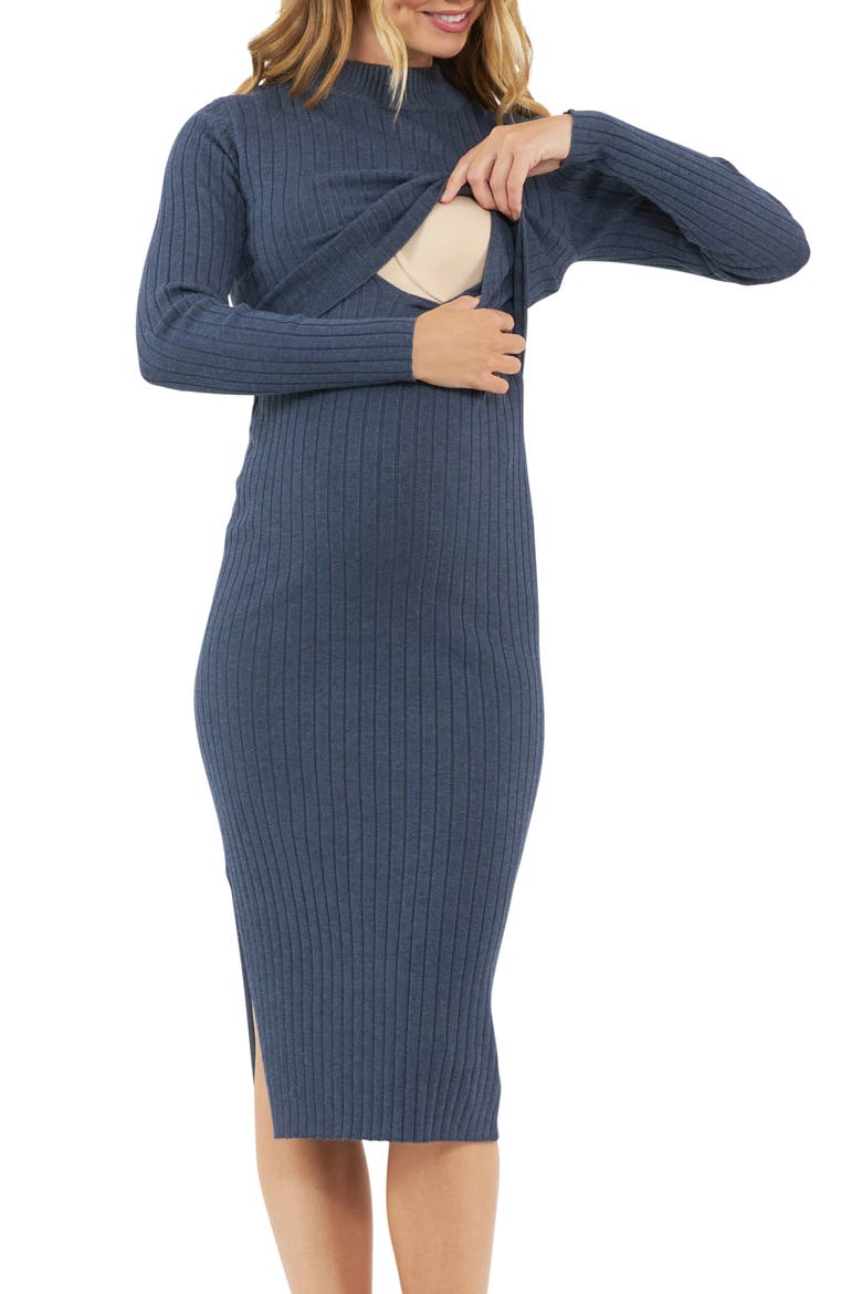 Nella Knit Ribbed Maternity and Nursing Midi Dress, Alternate, color, DENIM MARLE