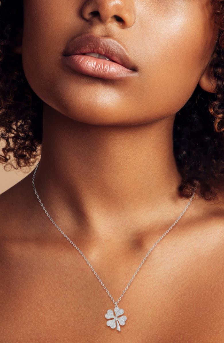 GLAZE JEWELRY Pavé Cubic Zirconia Clover Pendant Necklace, Alternate, color, Silver