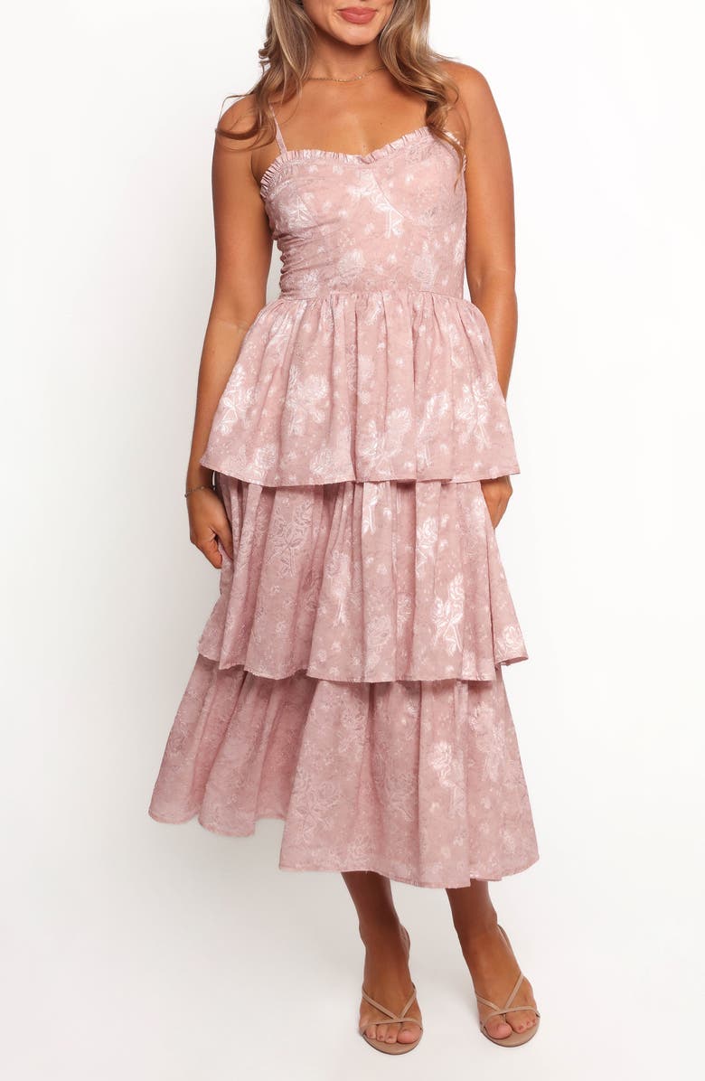 Petal & Pup Imogene Floral Jacquard Tiered Midi Dress, Main, color, Mauve