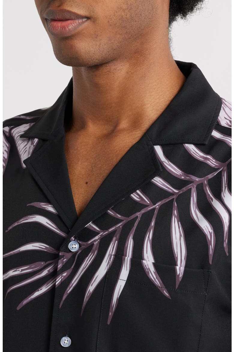 Tonal Jungle Print Short Sleeve Performance Camp Shirt, Alternate, color, BLACK