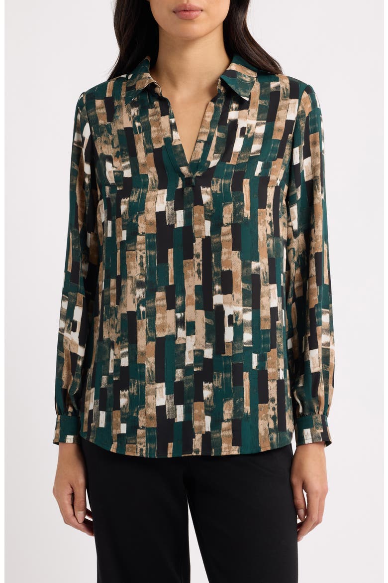 Geo Print Collared Popover Shirt, Main, color, ANNE BLACK/ PINE FOREST MULTI
