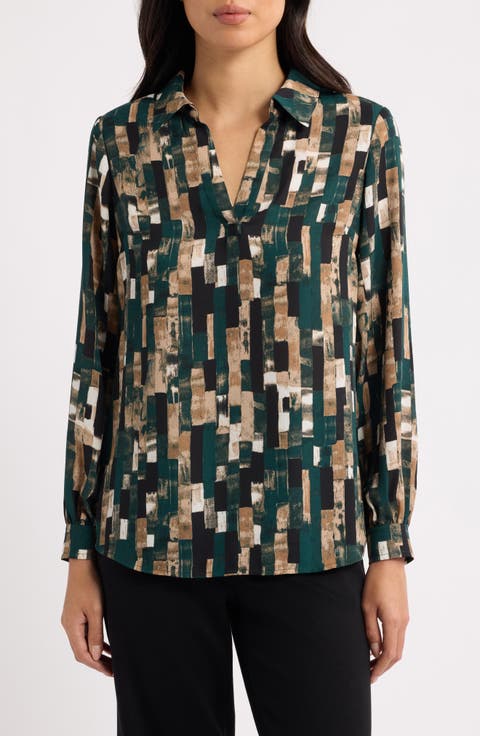 Geo Print Collared Popover Shirt
