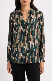 AK ANNE KLEIN Geo Print Collared Popover Shirt