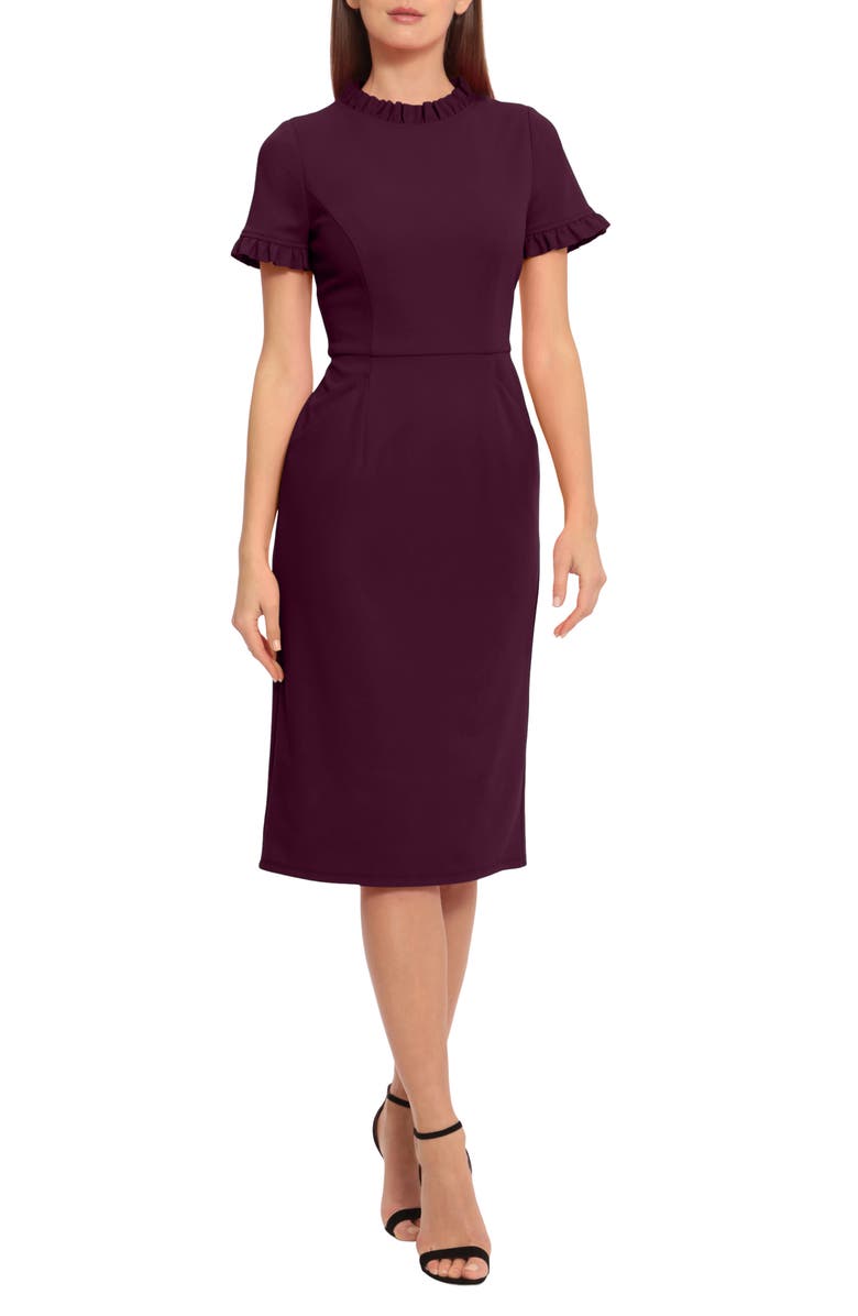 Maggy London Ruffle Sheath Dress, Main, color, Luxe Plum