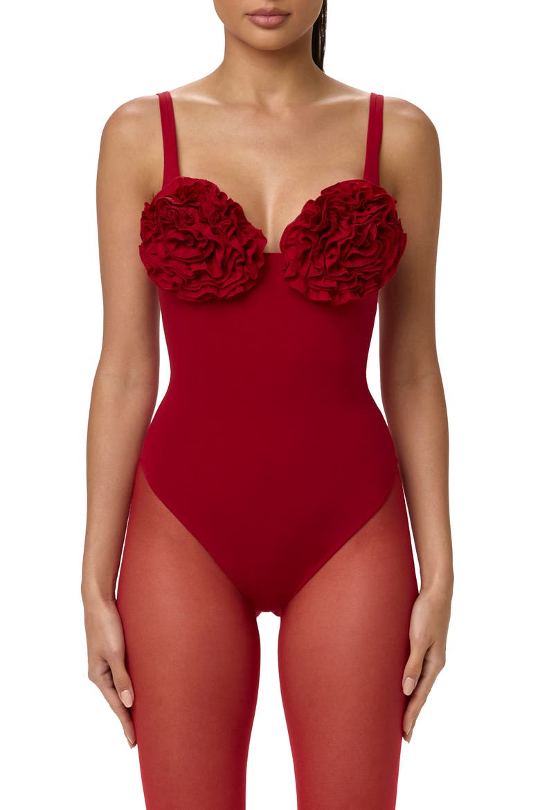 Rosette Bust Bodysuit, Alternate, color, RUBY RED