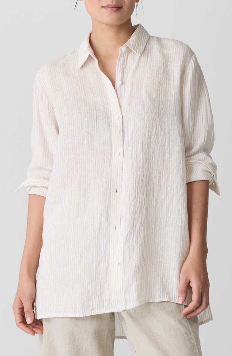 Eileen Fisher Classic Collar Organic Linen Long Sleeve Button-Up Shirt, Main, color, Chalk