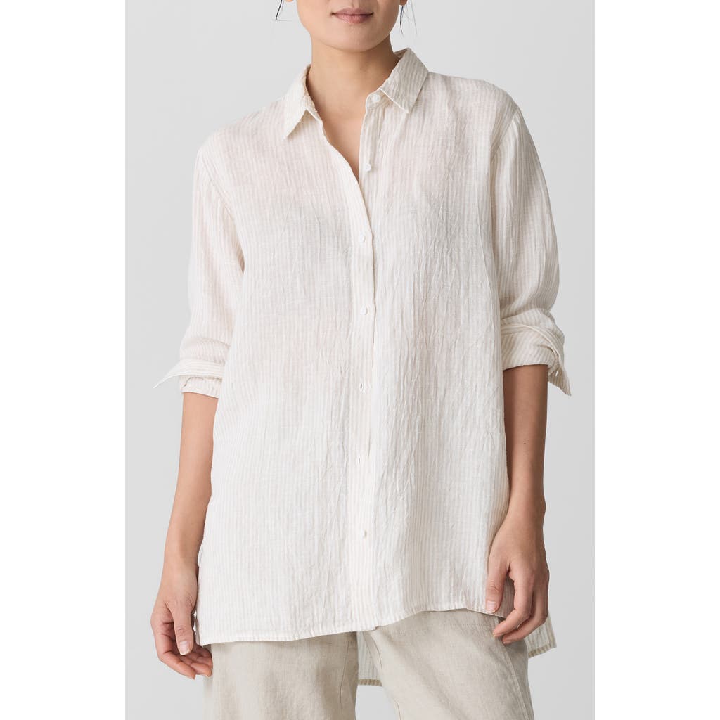 Eileen Fisher Classic Collar Organic Linen Long Sleeve Button-up Shirt In Chalk