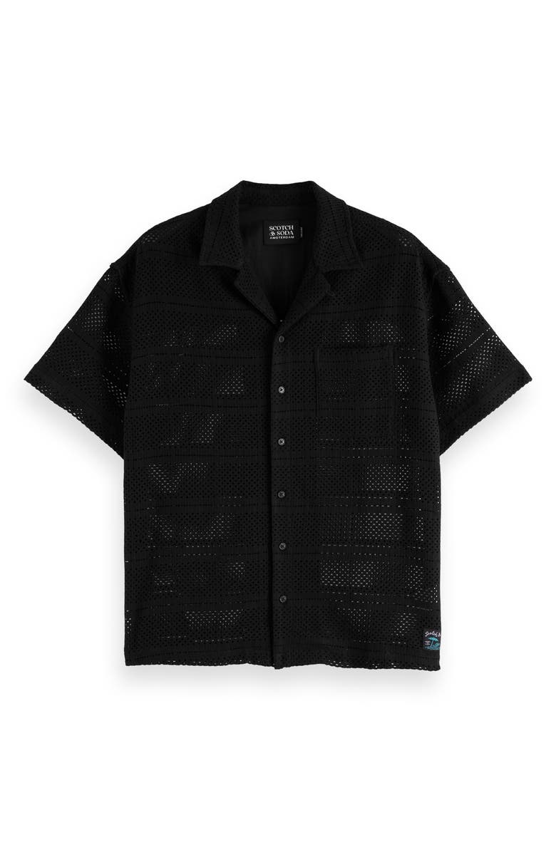Scotch & Soda Relaxed Fit Open Knit Short Sleeve Button-Up Shirt, Main, color, Washed Black