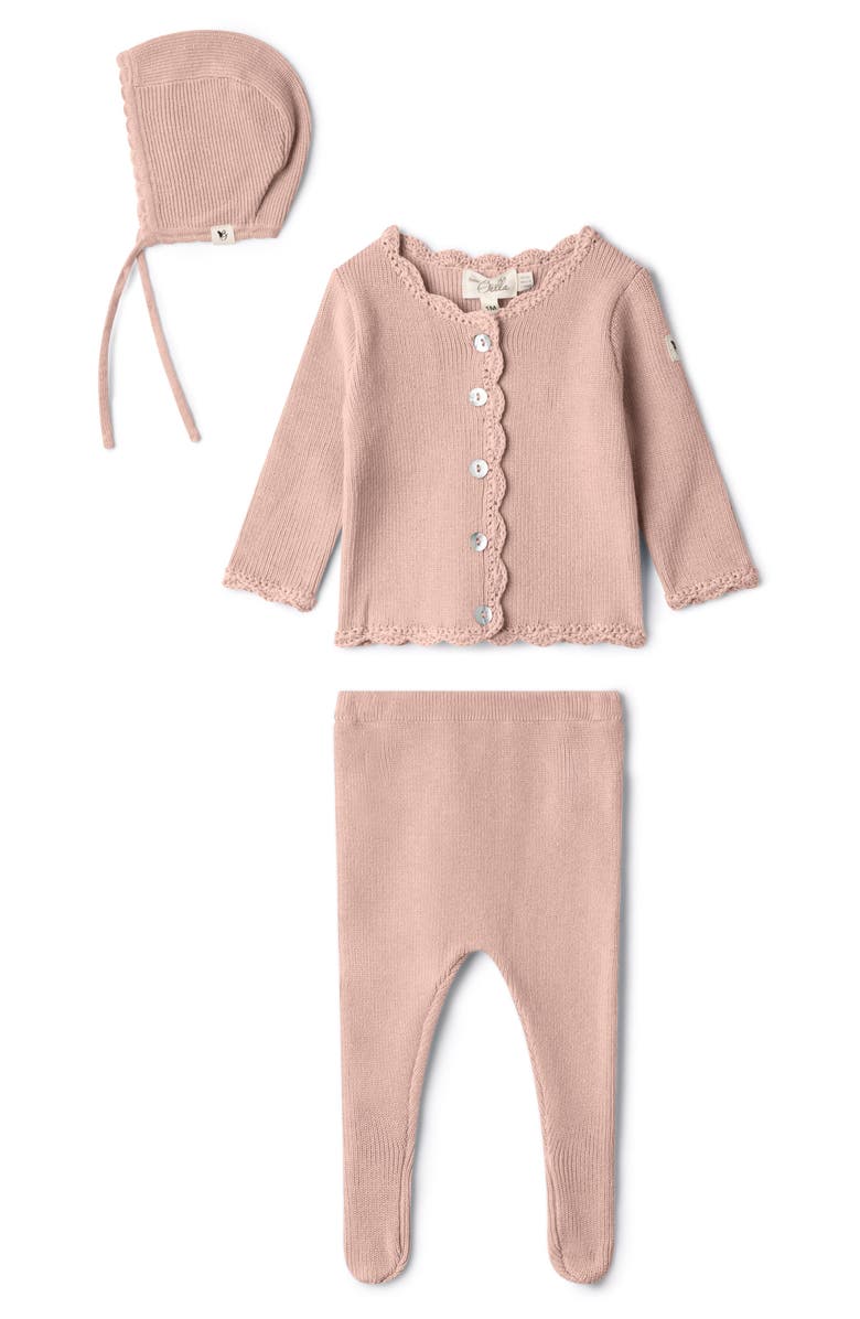 Bebe Bella Girl Crochet Trim 3 Piece Knit Top, Pants and Bonnet Set, Main, color, Light Pink