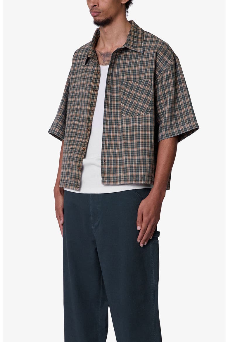 Oversize Crop Plaid Short Sleeve Button-Up Shirt, Alternate, color, GREEN/ BROWN
