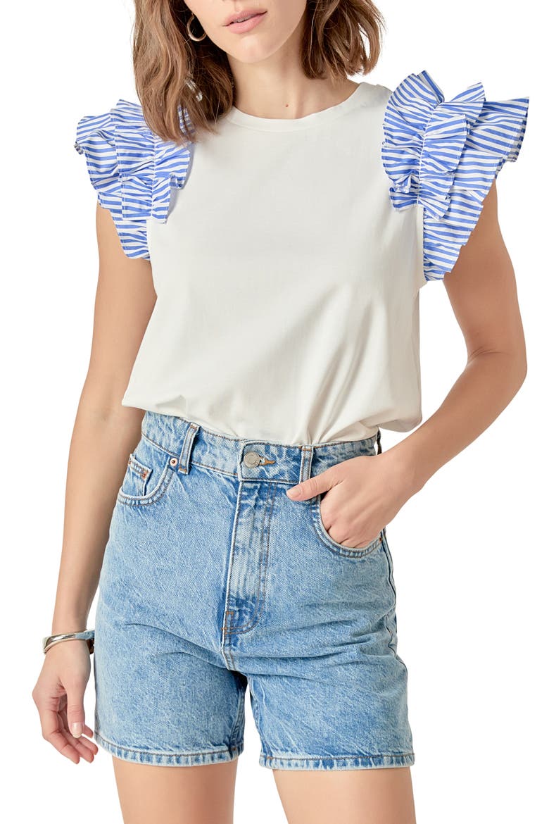 Mix Media Ruffle T-Shirt, Alternate, color, WHITE/ BLUE STRIPE