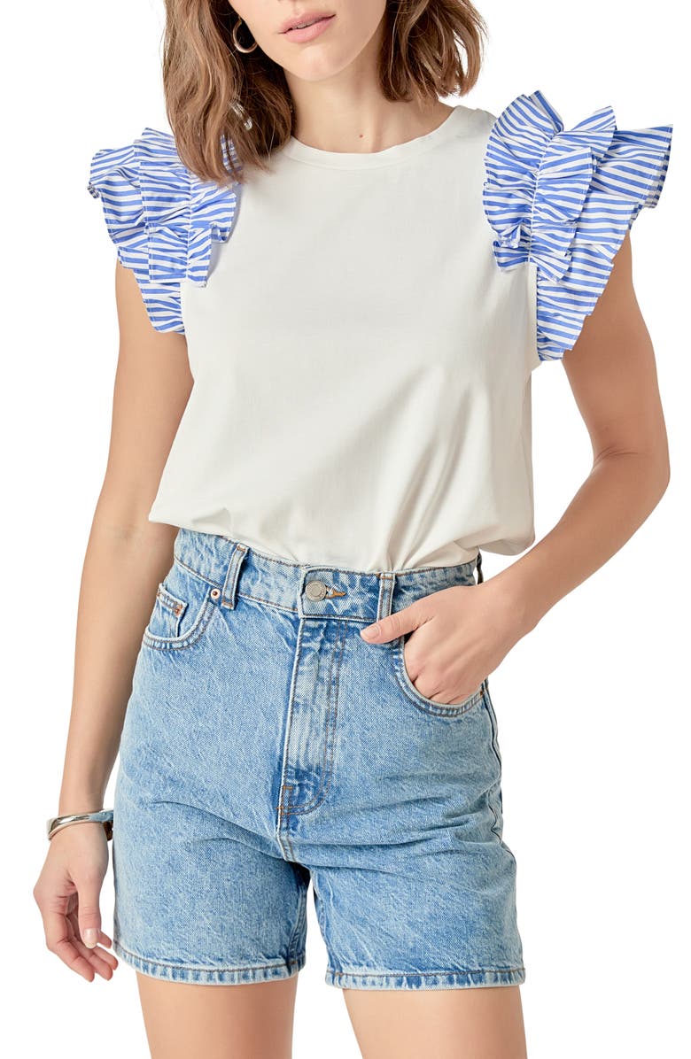 English Factory Mix Media Ruffle T-Shirt, Alternate, color, White/ Blue Stripe