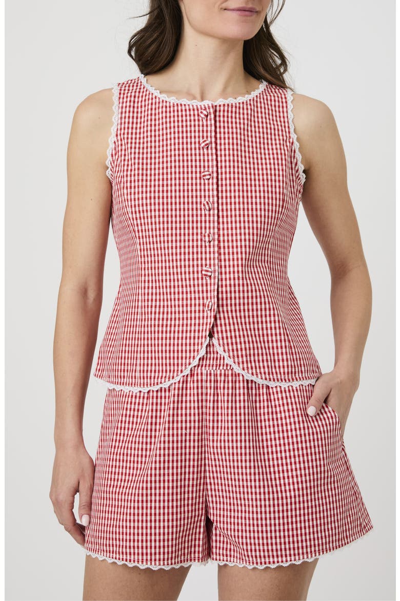 Lace Trim Gingham Vest, Main, color, STRAWBERRY/ WHITE GINGHAM