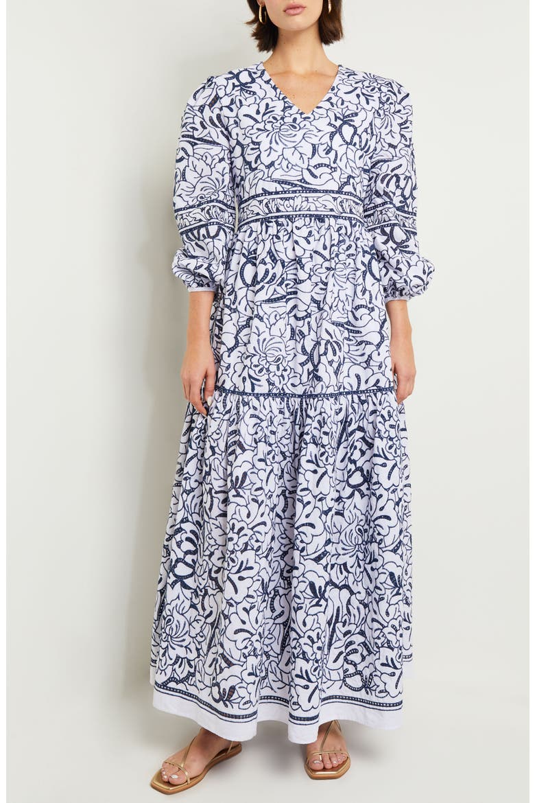Embroiderd Floral Cotton Maxi Dress, Main, color, MAZARINE/ WHITE