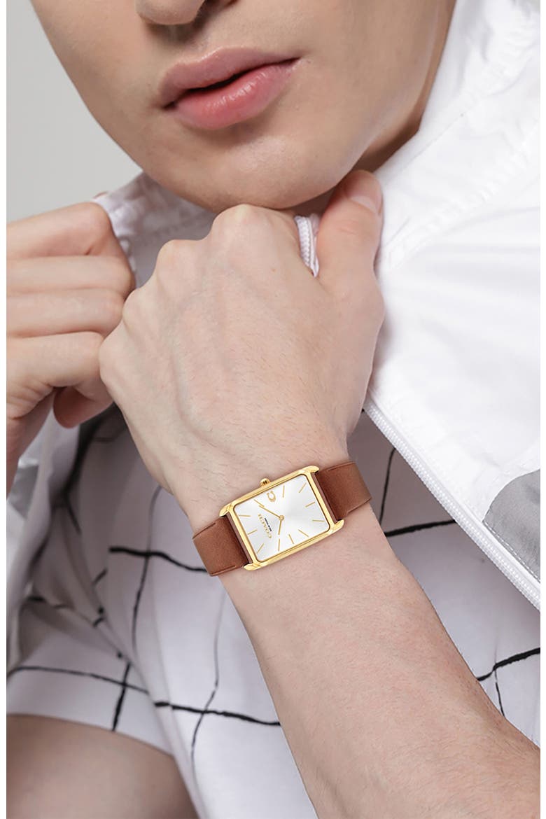 Elliot Leather Strap Watch, 32mm x 36mm, Alternate, color, SILVER FACE/BROWN