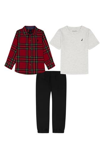 Nautica Kids' T-shirt, Flannel & Pull-on Pants Set In Red