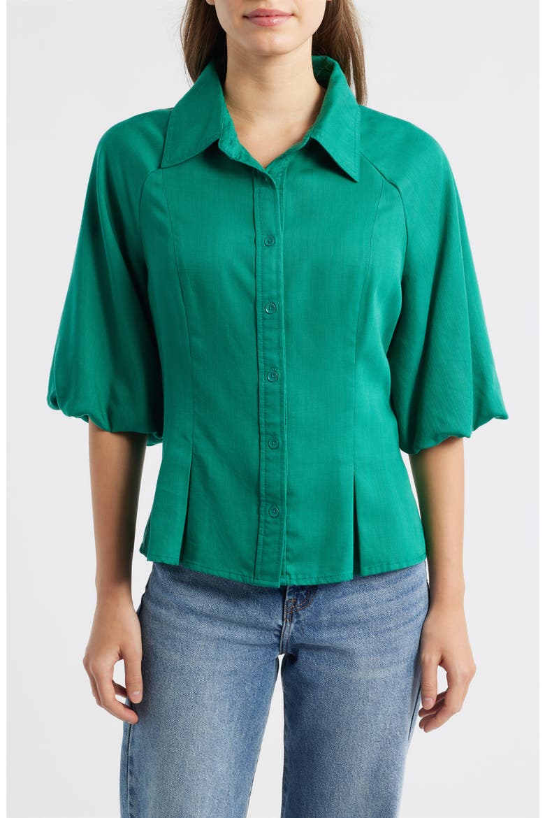 Bubble Sleeve Flare Button-Up Chambray Top, Main, color, LAKE GREEN