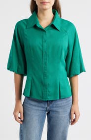Wit & Wisdom Bubble Sleeve Flare Button-Up Chambray Top