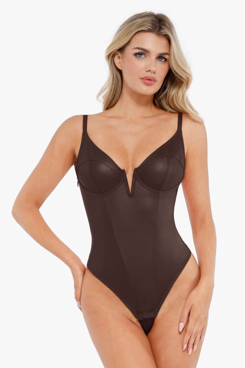 Shop Popilush Shapewear Faux Leather Plunging V Sculpting Corset Bodysuit In Cocoa