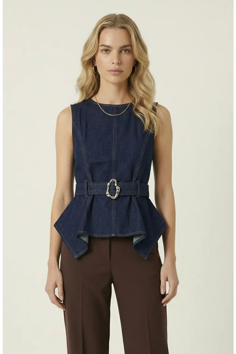 Belted Denim Peplum Top, Main, color, Navy