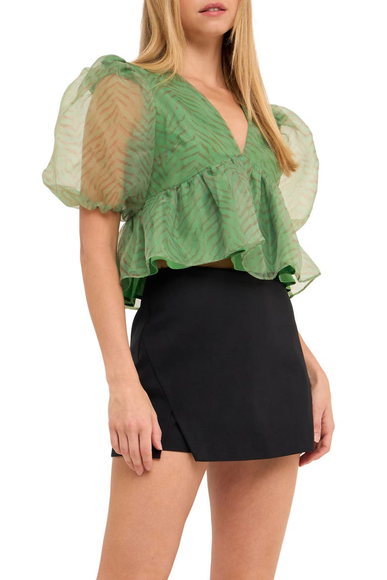 Zebra Print Puff Sleeve Crop Top, Alternate, color, GREEN MULTI