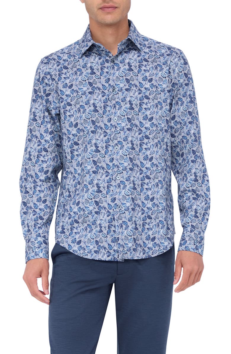 Bugatchi James OoohCotton<sup>®</sup> Leaf Print Button-Up Shirt, Main, color, Night Blue