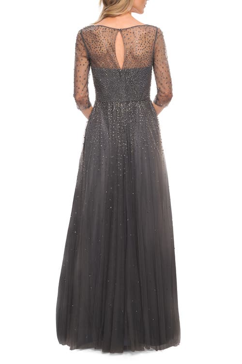 La Femme Tulle A-line Evening Dress With Beading In Gunmetal