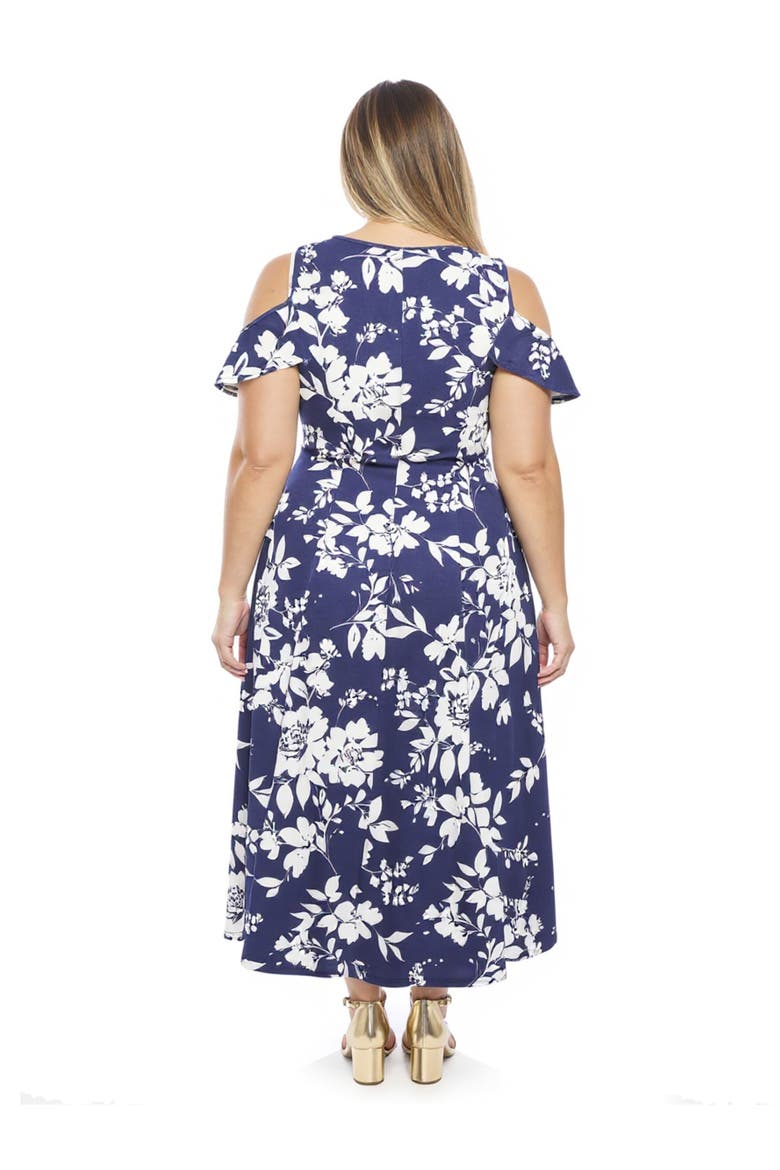 Plus Size Floral Ruffle Sleeve Cold Shoulder A-Line Maxi Dress, Alternate, color, Navy Multi