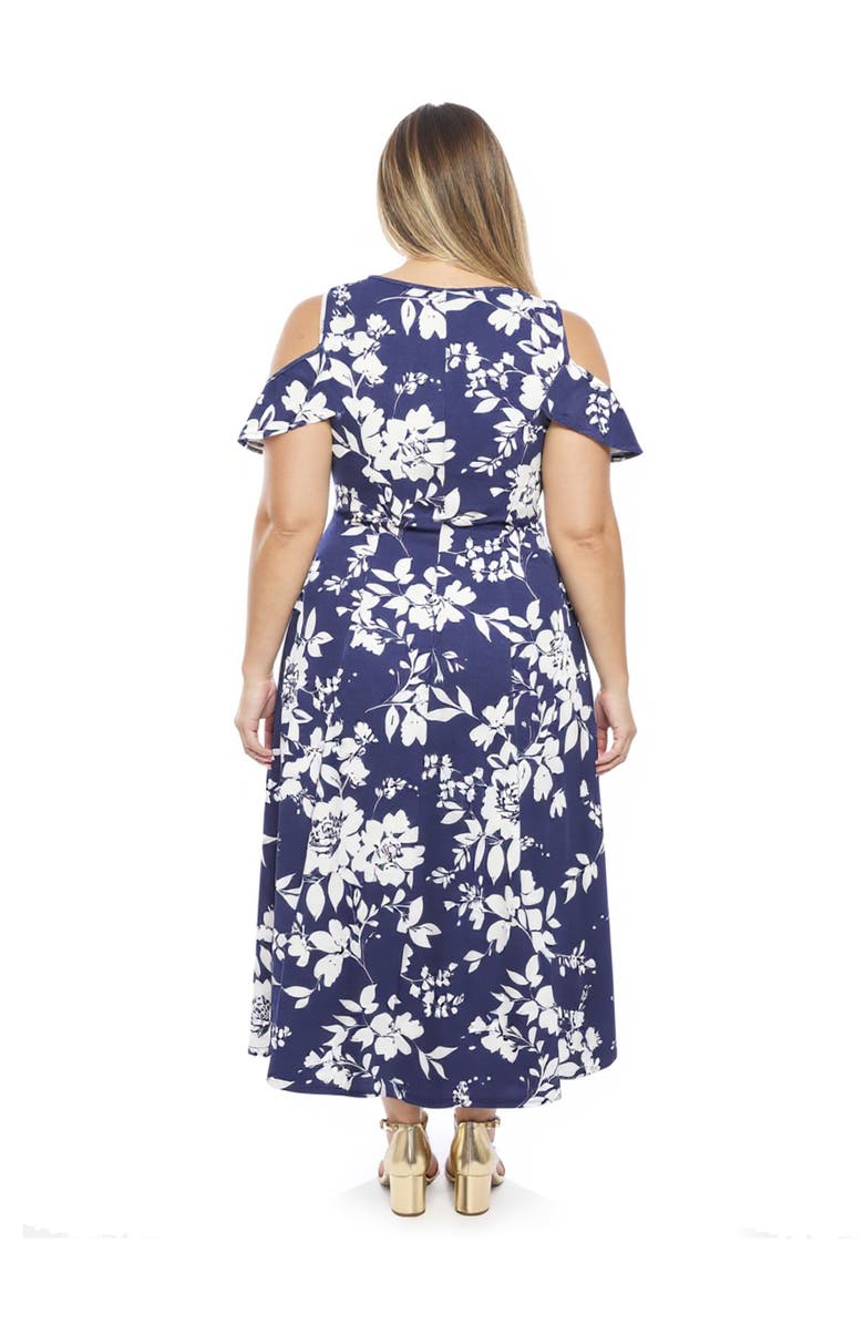 24seven Comfort Apparel Plus Size Floral Ruffle Sleeve Cold Shoulder A-Line Maxi Dress, Alternate, color, Navy Multi