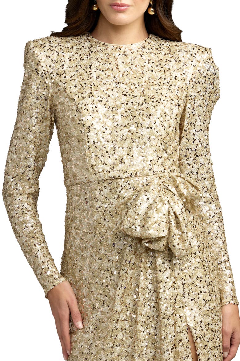 Long Sleeve Sequin Gown With Bow, Alternate, color, Champagne
