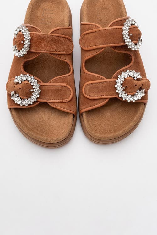 Forever & Always Shoes Morelia Suede Leather Slide Sandal In Cognac Brown Suede Leather