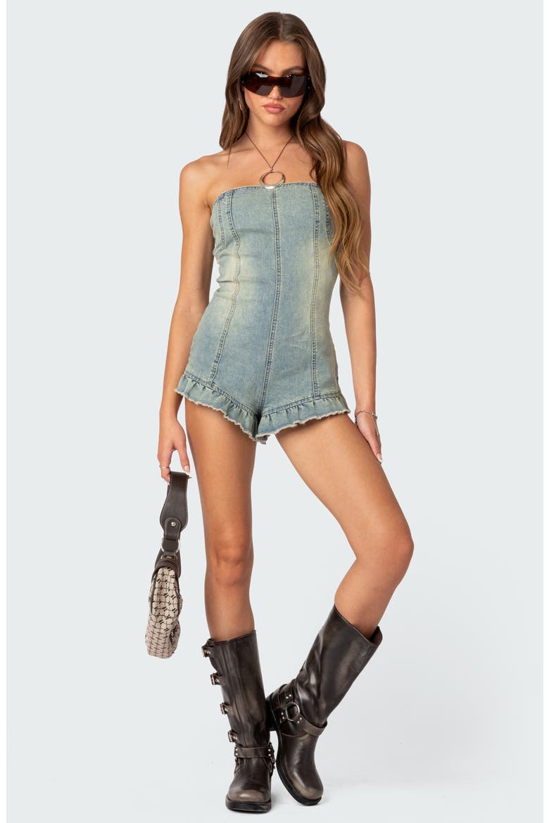 Winnie Strapless Washed Denim Romper, Alternate, color, BLUE-WASHED