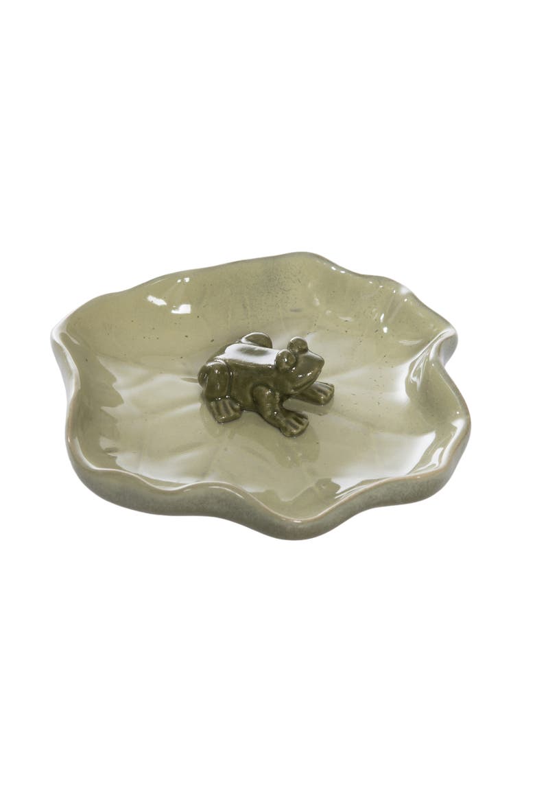 Ceramic Lily Pad Dish with Frog Green for Spring Tabletop Decor, Main, color, Green