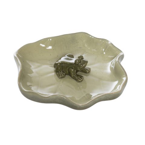 Ceramic Lily Pad Dish with Frog Green for Spring Tabletop Decor