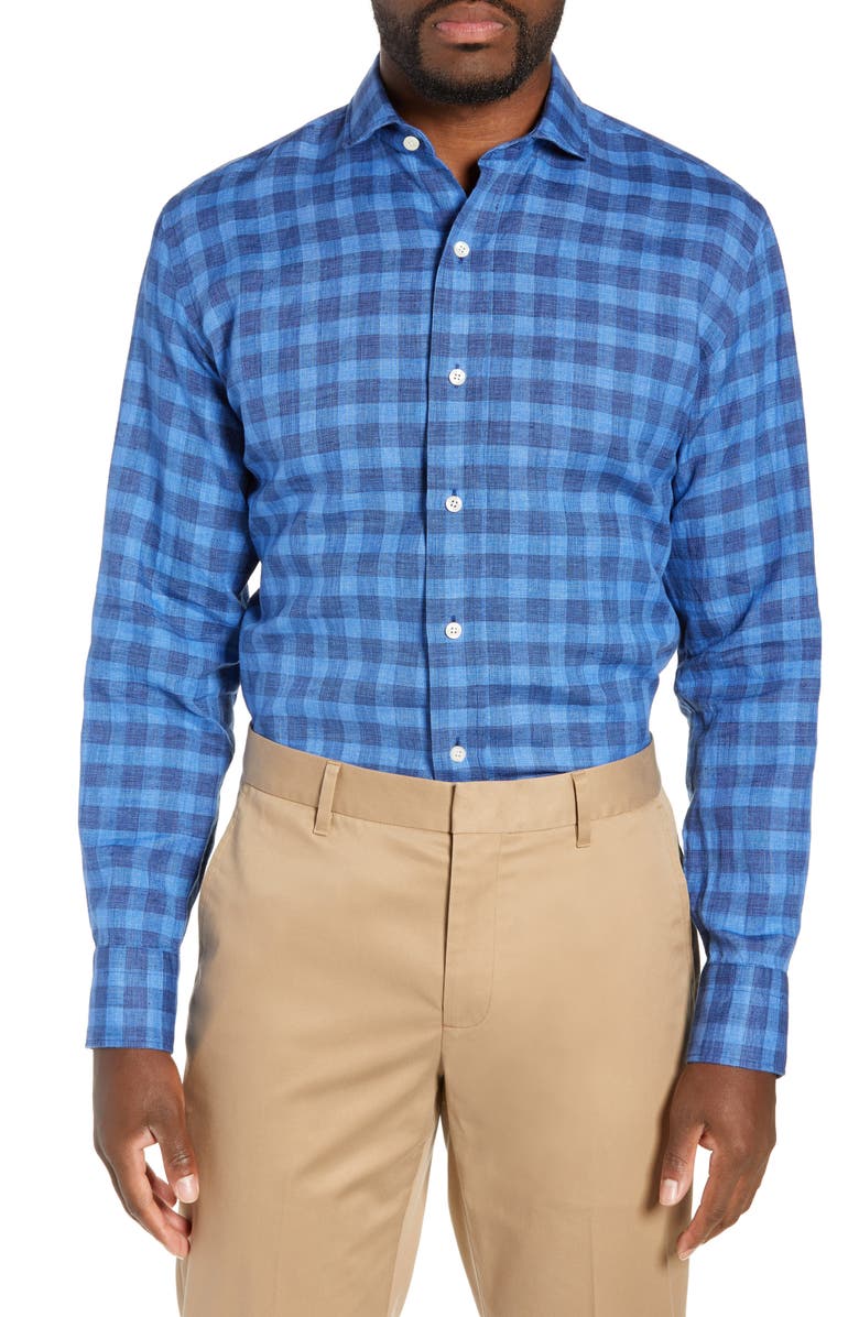 Ledbury McClellan Slim Fit Check Linen & Cotton Dress Shirt, Main, color, 
